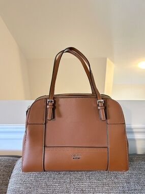 GUESS Cognac Saffiano Satchel Large Structured Handbag Purse